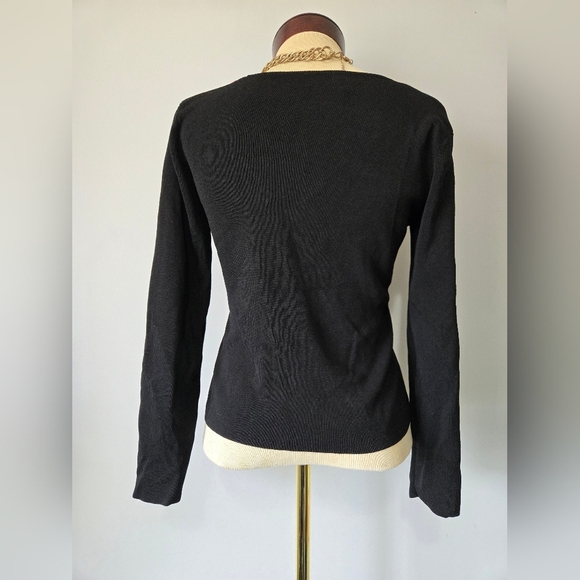 MINKAS Black Micro Rib Neon Striped V Neck Top. Size Medium - Picture 5 of 10